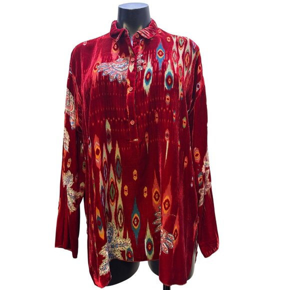 Johnny Was Tops - Johnny Was Red Velvet Button-Up Blouse S